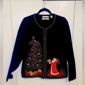 Marisa Christina Christmas Santa and Tree Beaded Sweater